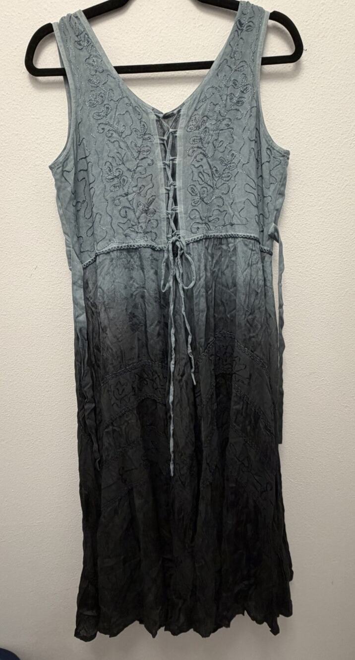 Just Cruising Ombre Embroidered Lace Up Midi Dress Blue Grey Boho One Size